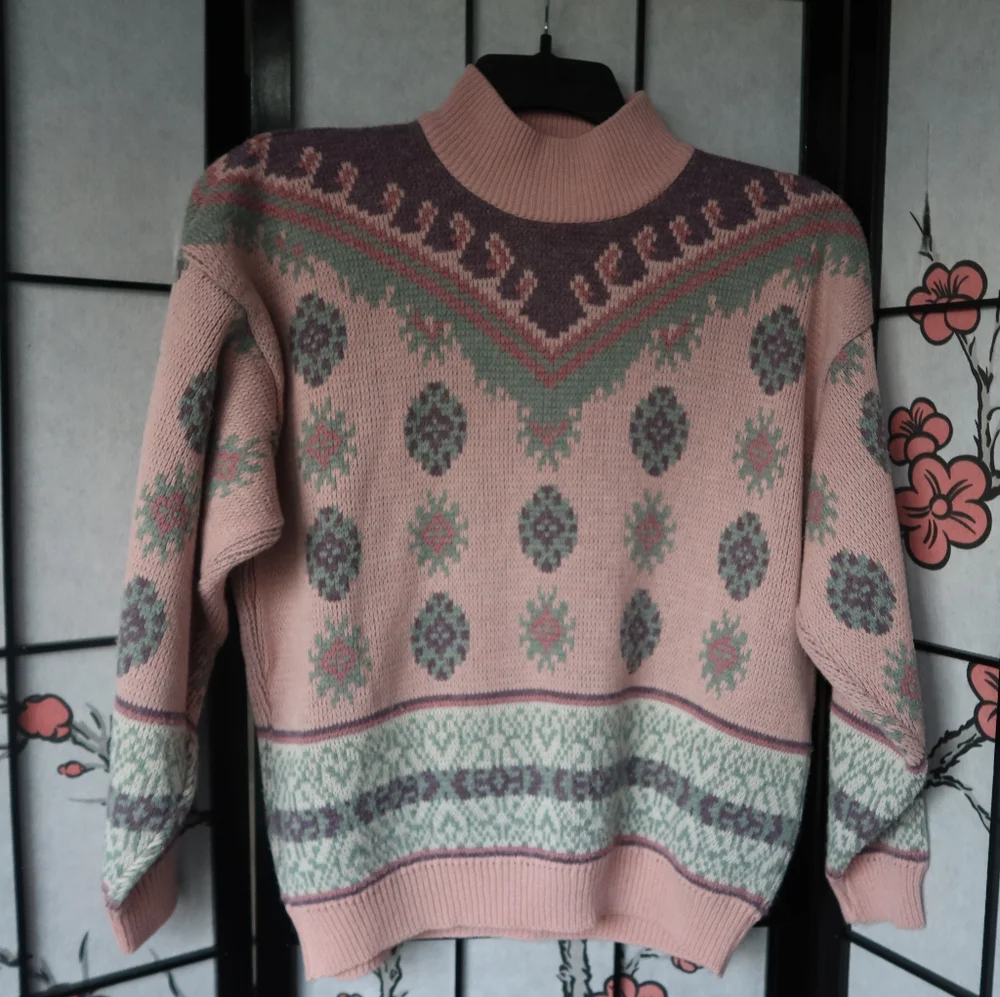 Vintage Pink Glam 80s Pink and Purple Fair Isle Mock Neck Sweater Size Medium